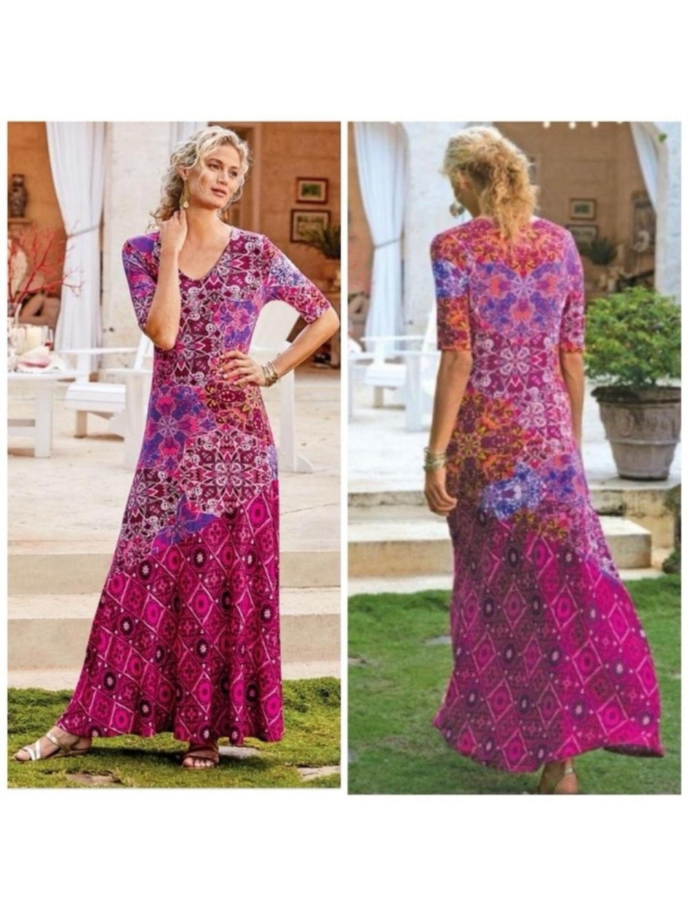 Soft Surroundings Boho Maxi Dress Womens Size L Purple Pink Mandala Medallion